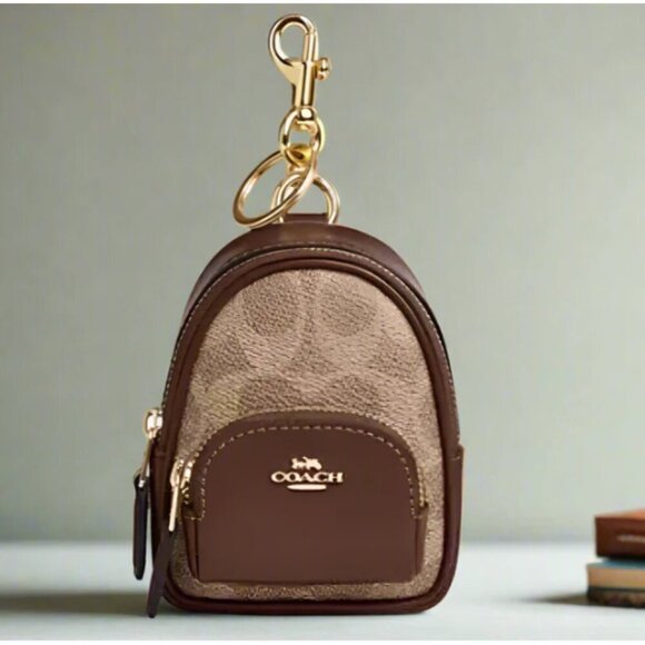 Coach Mini Court Backpack Bag Charm Keychain Brown Signature Canvas CX066 Logo - Picture 1 of 8